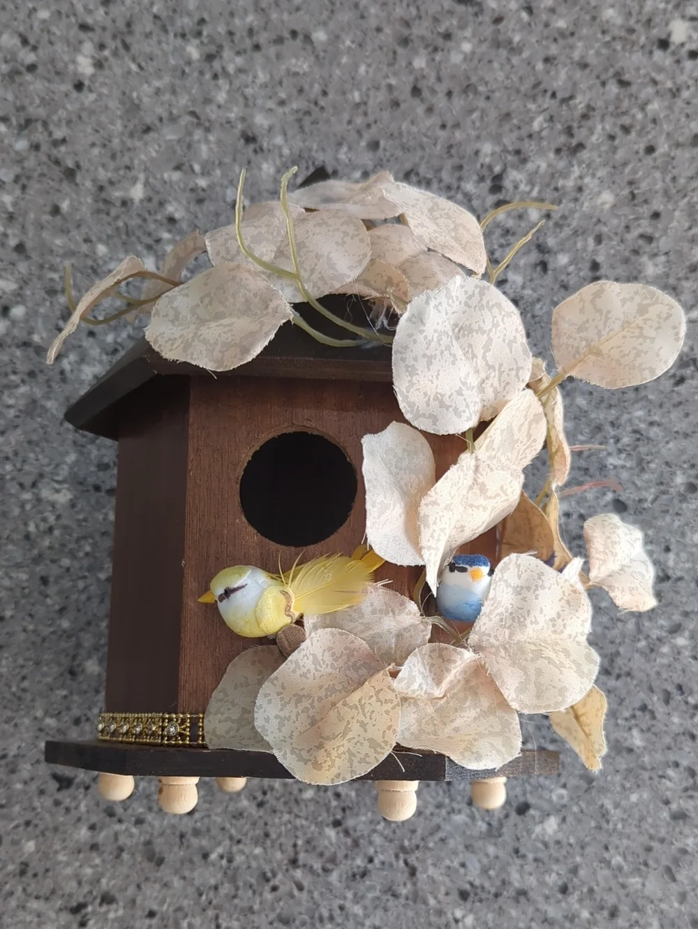 Whimsical Handmade Brown Floral Birdhouse Decor Piece